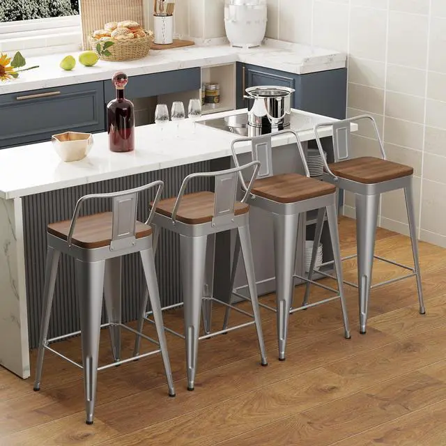 Alt view image 3 of 6 - WENTMENT Bar Stools Set of 4 Counter Height Bar Stools Metal Barstools with Removable Back 30" Kitchen Bar Stools with Wooden Seat, Silver