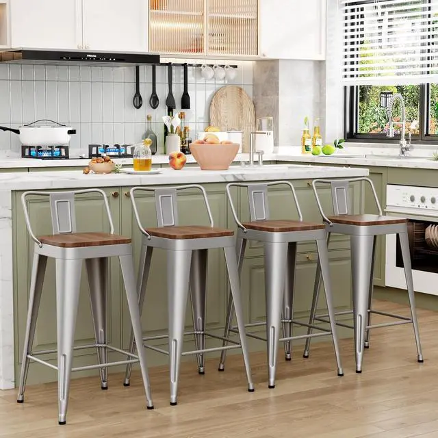 Alt view image 4 of 6 - WENTMENT Bar Stools Set of 4 Counter Height Bar Stools Metal Barstools with Removable Back 30" Kitchen Bar Stools with Wooden Seat, Silver