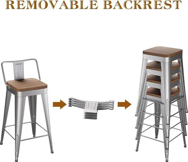Alt view image 6 of 6 - WENTMENT Bar Stools Set of 4 Counter Height Bar Stools Metal Barstools with Removable Back 30" Kitchen Bar Stools with Wooden Seat, Silver