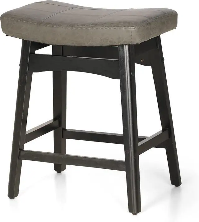 Alt view image 3 of 7 - Grey Solid Wood Bar Stool for Kitchen Counter Height Barstool with Faux Leather Saddle Seat Farmhouse Upholstered Stool for 34"-38" Counter Island, 24 Inches Height, Grey & Black