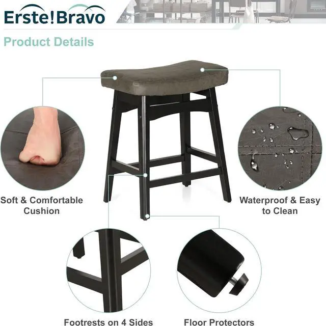 Alt view image 5 of 7 - Grey Solid Wood Bar Stool for Kitchen Counter Height Barstool with Faux Leather Saddle Seat Farmhouse Upholstered Stool for 34"-38" Counter Island, 24 Inches Height, Grey & Black