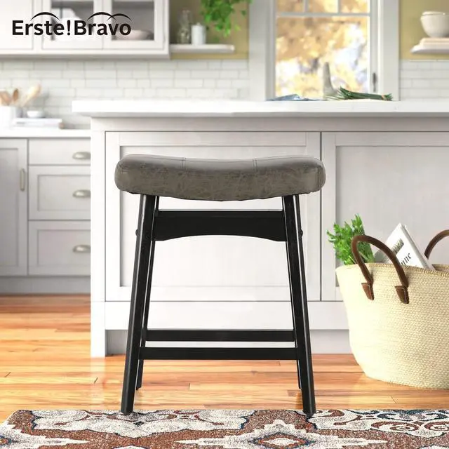 Alt view image 6 of 7 - Grey Solid Wood Bar Stool for Kitchen Counter Height Barstool with Faux Leather Saddle Seat Farmhouse Upholstered Stool for 34"-38" Counter Island, 24 Inches Height, Grey & Black