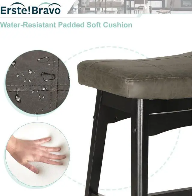 Alt view image 4 of 7 - Grey Solid Wood Bar Stool for Kitchen Counter Height Barstool with Faux Leather Saddle Seat Farmhouse Upholstered Stool for 34"-38" Counter Island, 24 Inches Height, Grey & Black