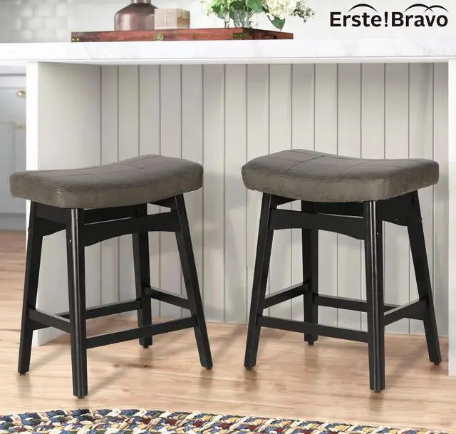 Alt view image 7 of 7 - Grey Solid Wood Bar Stool for Kitchen Counter Height Barstool with Faux Leather Saddle Seat Farmhouse Upholstered Stool for 34"-38" Counter Island, 24 Inches Height, Grey & Black