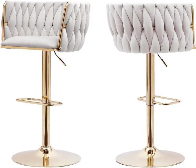 Main image of Beige Velvet Bar Stools Set of 2 - Modern Adjustable Swivel Counter Height Chairs with Woven Back for Kitchen Island, Dining, Cafe, Pub
