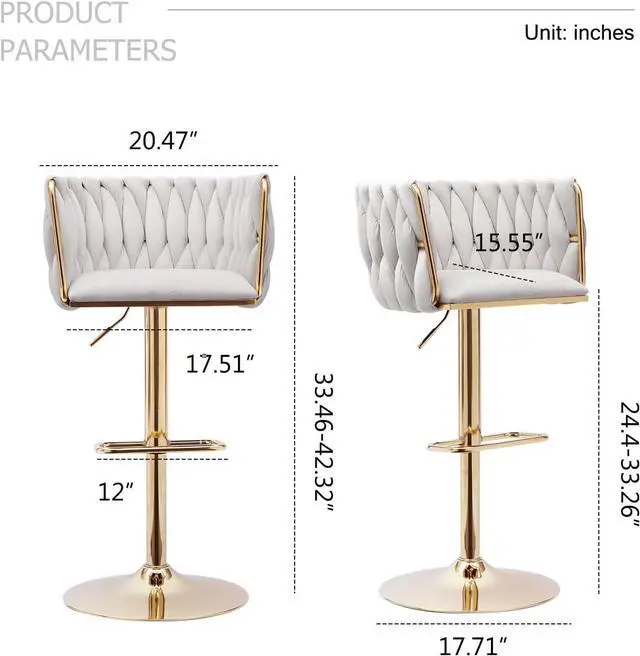 Alt view image 2 of 7 - Beige Velvet Bar Stools Set of 2 - Modern Adjustable Swivel Counter Height Chairs with Woven Back for Kitchen Island, Dining, Cafe, Pub
