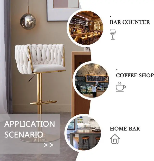Alt view image 7 of 7 - Beige Velvet Bar Stools Set of 2 - Modern Adjustable Swivel Counter Height Chairs with Woven Back for Kitchen Island, Dining, Cafe, Pub