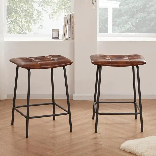 Main image of DUHOME 24 Square Tufted Counter Bar Stools Set of 2, Breathable Faux Leather Upholstered Barstool with Footrest, Backless Stool for Kitchen Counter Island Bar, YellowishBrown