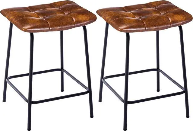 Alt view image 3 of 7 - DUHOME 24 Square Tufted Counter Bar Stools Set of 2, Breathable Faux Leather Upholstered Barstool with Footrest, Backless Stool for Kitchen Counter Island Bar, YellowishBrown