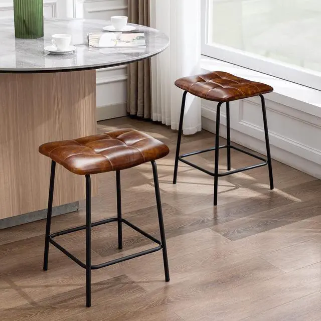 Alt view image 4 of 7 - DUHOME 24 Square Tufted Counter Bar Stools Set of 2, Breathable Faux Leather Upholstered Barstool with Footrest, Backless Stool for Kitchen Counter Island Bar, YellowishBrown