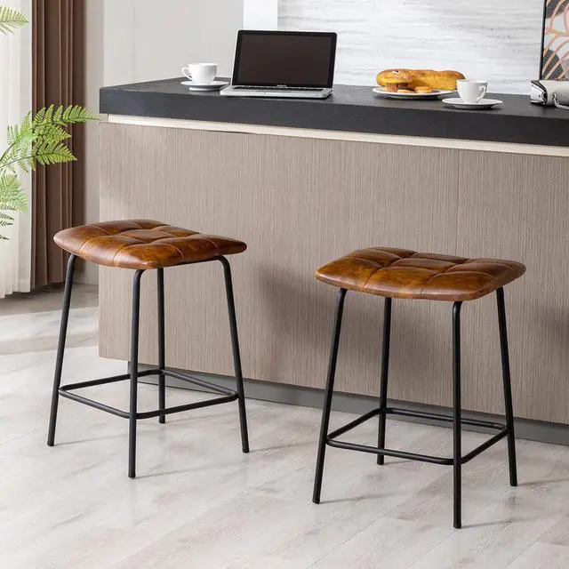Alt view image 5 of 7 - DUHOME 24 Square Tufted Counter Bar Stools Set of 2, Breathable Faux Leather Upholstered Barstool with Footrest, Backless Stool for Kitchen Counter Island Bar, YellowishBrown