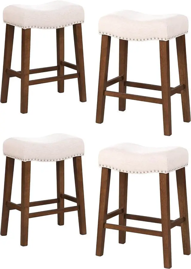 Main image of 26" Counter Height Bar Stools - Modern Backless Kitchen Island Saddle Barstools Chairs with Footrest, Solid Wood Legs & Nailhead Trim Linen Fabric Cushion, Beige, Set of 4