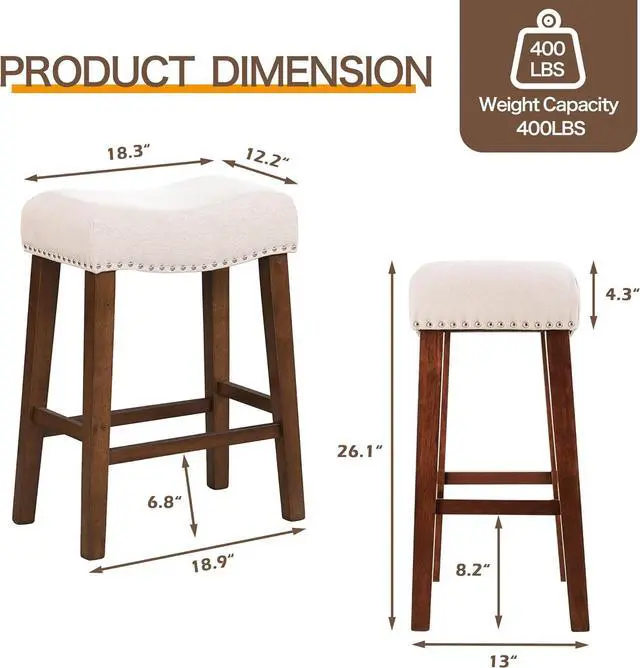 Alt view image 3 of 7 - 26" Counter Height Bar Stools - Modern Backless Kitchen Island Saddle Barstools Chairs with Footrest, Solid Wood Legs & Nailhead Trim Linen Fabric Cushion, Beige, Set of 4