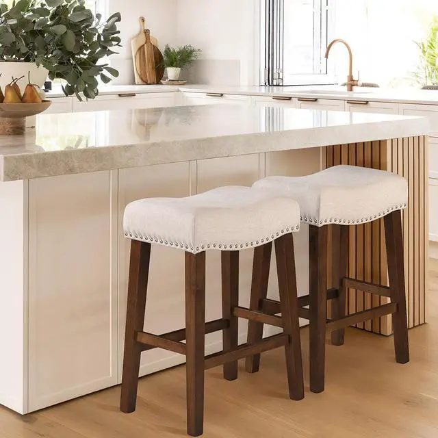 Alt view image 2 of 7 - 26" Counter Height Bar Stools - Modern Backless Kitchen Island Saddle Barstools Chairs with Footrest, Solid Wood Legs & Nailhead Trim Linen Fabric Cushion, Beige, Set of 4