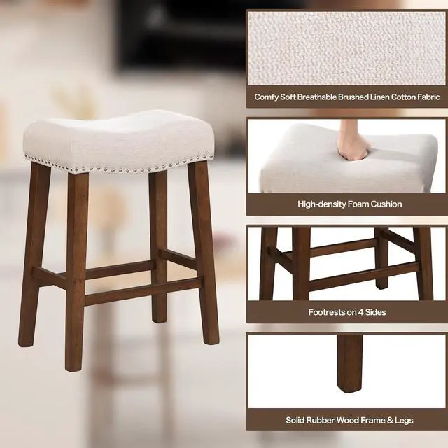 Alt view image 6 of 7 - 26" Counter Height Bar Stools - Modern Backless Kitchen Island Saddle Barstools Chairs with Footrest, Solid Wood Legs & Nailhead Trim Linen Fabric Cushion, Beige, Set of 4