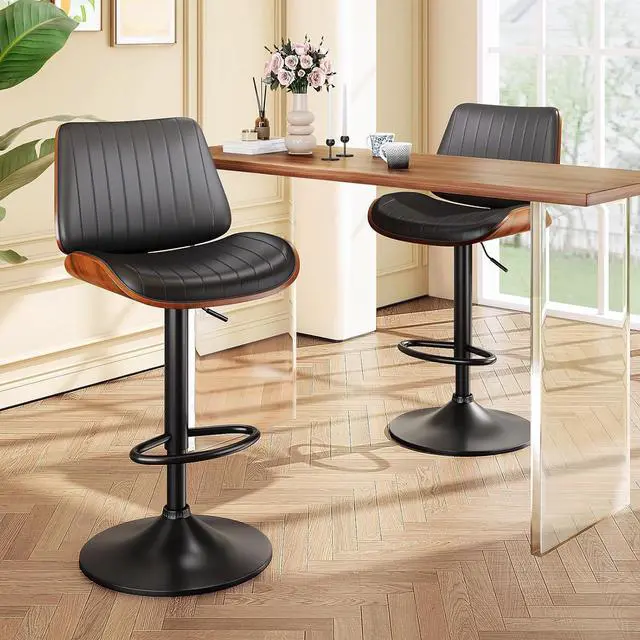 Alt view image 2 of 7 - Bar Stools for Kitchen Counter, Modern PU Leather Upholstered Bar Chair with Back and Footrest, for Bar, Kitchen, Dining Room, Black 1 PCS
