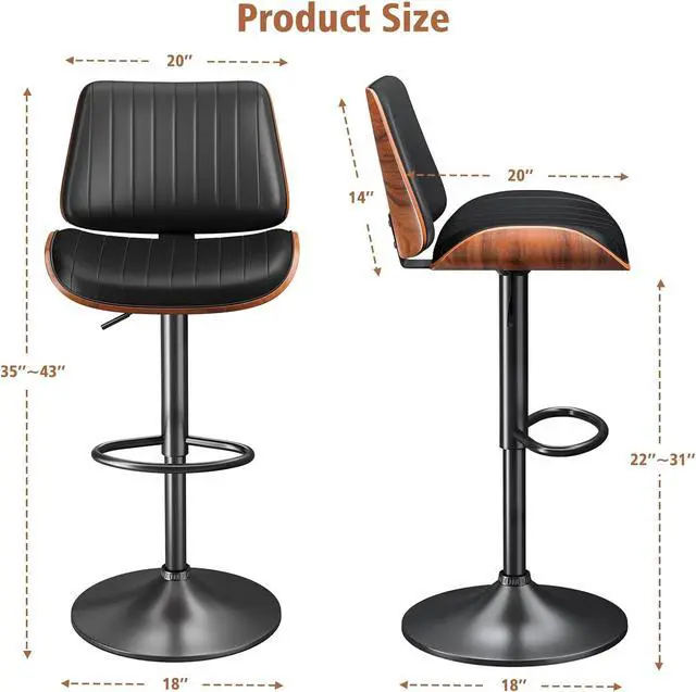 Alt view image 3 of 7 - Bar Stools for Kitchen Counter, Modern PU Leather Upholstered Bar Chair with Back and Footrest, for Bar, Kitchen, Dining Room, Black 1 PCS
