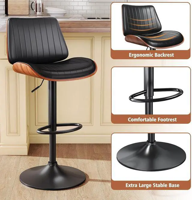 Alt view image 4 of 7 - Bar Stools for Kitchen Counter, Modern PU Leather Upholstered Bar Chair with Back and Footrest, for Bar, Kitchen, Dining Room, Black 1 PCS