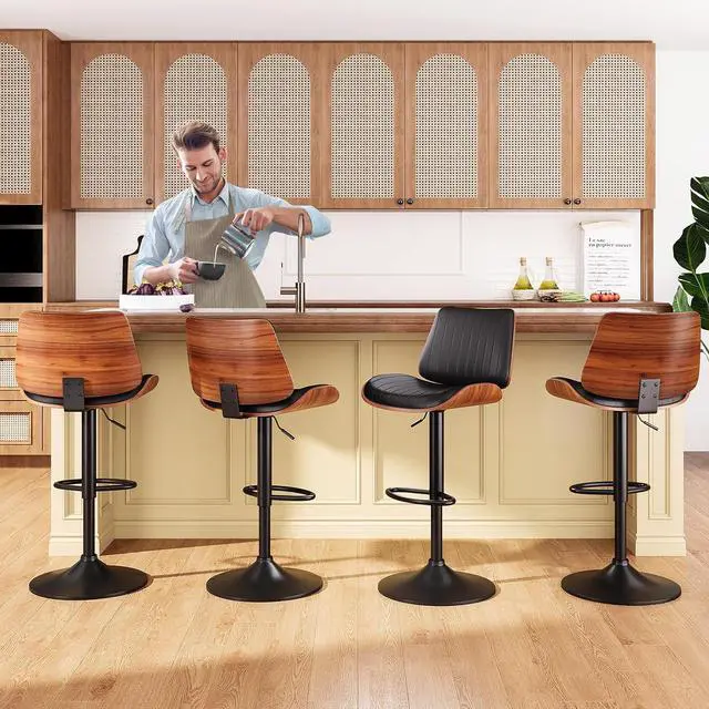 Alt view image 7 of 7 - Bar Stools for Kitchen Counter, Modern PU Leather Upholstered Bar Chair with Back and Footrest, for Bar, Kitchen, Dining Room, Black 1 PCS