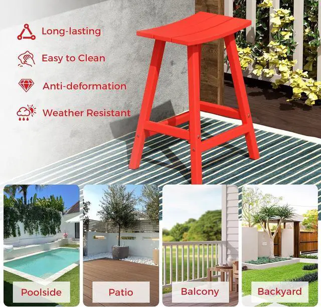 Alt view image 7 of 7 - 24" Height Outdoor Bar Stools, All-Weather Bar Stools, Adirondack Poly Patio Bar Stool for Patio, Deck, Kitchen Counter and Garden, Red