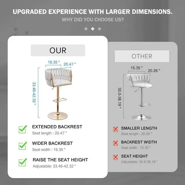 Alt view image 3 of 7 - Beige Velvet Bar Stools Set of 2 - Modern Adjustable Swivel Counter Height Chairs with Woven Back for Kitchen Island, Dining, Cafe, Pub