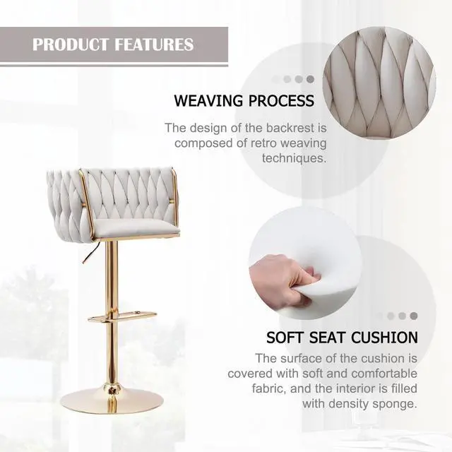 Alt view image 4 of 7 - Beige Velvet Bar Stools Set of 2 - Modern Adjustable Swivel Counter Height Chairs with Woven Back for Kitchen Island, Dining, Cafe, Pub