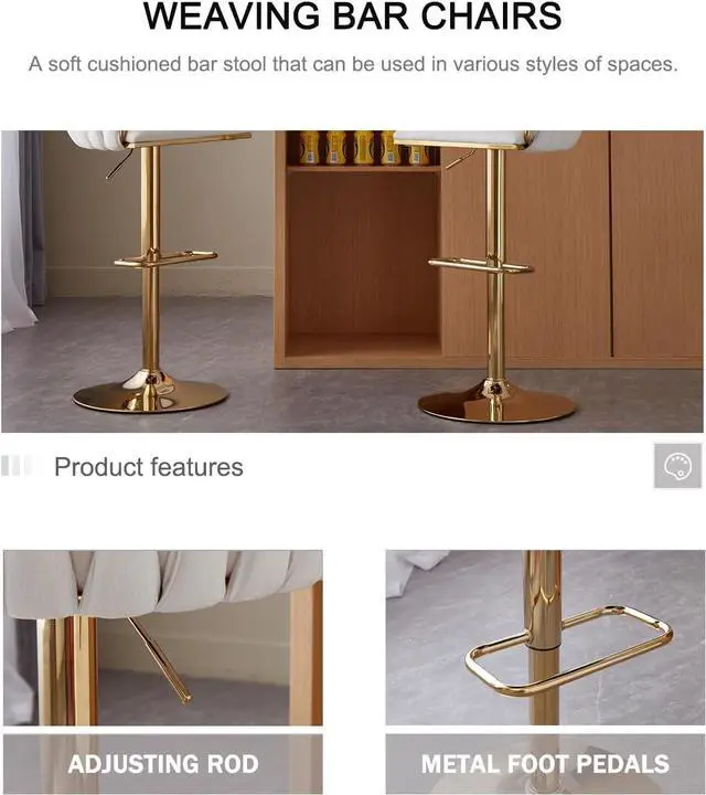 Alt view image 5 of 7 - Beige Velvet Bar Stools Set of 2 - Modern Adjustable Swivel Counter Height Chairs with Woven Back for Kitchen Island, Dining, Cafe, Pub