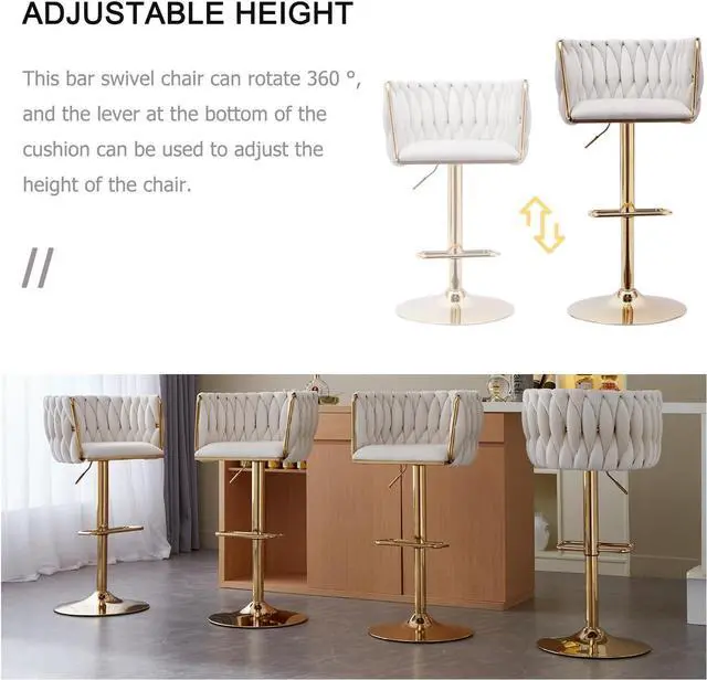 Alt view image 6 of 7 - Beige Velvet Bar Stools Set of 2 - Modern Adjustable Swivel Counter Height Chairs with Woven Back for Kitchen Island, Dining, Cafe, Pub
