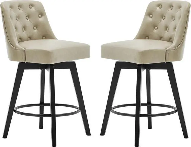 Main image of MINCETA Bar Stools Set of 2, PU Leather Barstools, 26 Inch Upholstered Counter Stools with Low Tufted Back and Footrest, Swivel Counter Height Barstools for Kitchen Island Home Bar Khaki