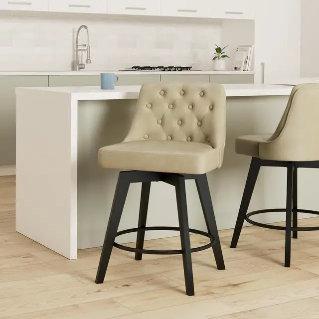 Alt view image 2 of 7 - MINCETA Bar Stools Set of 2, PU Leather Barstools, 26 Inch Upholstered Counter Stools with Low Tufted Back and Footrest, Swivel Counter Height Barstools for Kitchen Island Home Bar Khaki