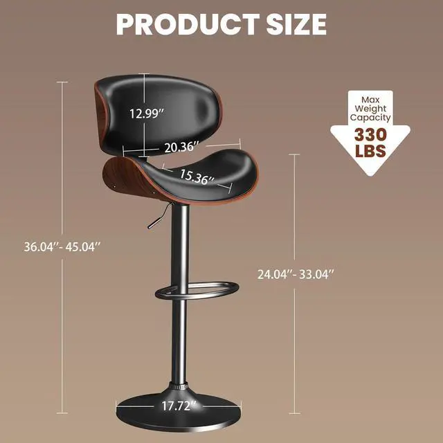 Alt view image 3 of 7 - Swivel Bar Stools for Kitchen Counter, Adjustable Bentwood Barstools, Modern PU Leather Upholstered Bar Chair with Back and Footrest, for Bar, Kitchen, Dining Room 1PCS Black