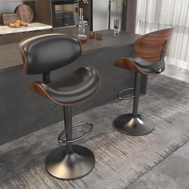 Alt view image 2 of 7 - Swivel Bar Stools for Kitchen Counter, Adjustable Bentwood Barstools, Modern PU Leather Upholstered Bar Chair with Back and Footrest, for Bar, Kitchen, Dining Room 1PCS Black