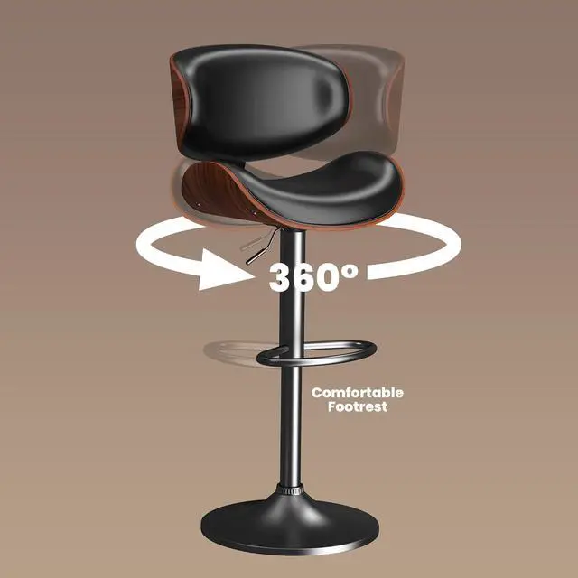 Alt view image 5 of 7 - Swivel Bar Stools for Kitchen Counter, Adjustable Bentwood Barstools, Modern PU Leather Upholstered Bar Chair with Back and Footrest, for Bar, Kitchen, Dining Room 1PCS Black