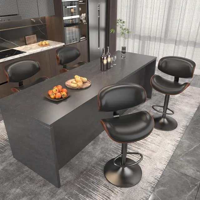 Alt view image 7 of 7 - Swivel Bar Stools for Kitchen Counter, Adjustable Bentwood Barstools, Modern PU Leather Upholstered Bar Chair with Back and Footrest, for Bar, Kitchen, Dining Room 1PCS Black