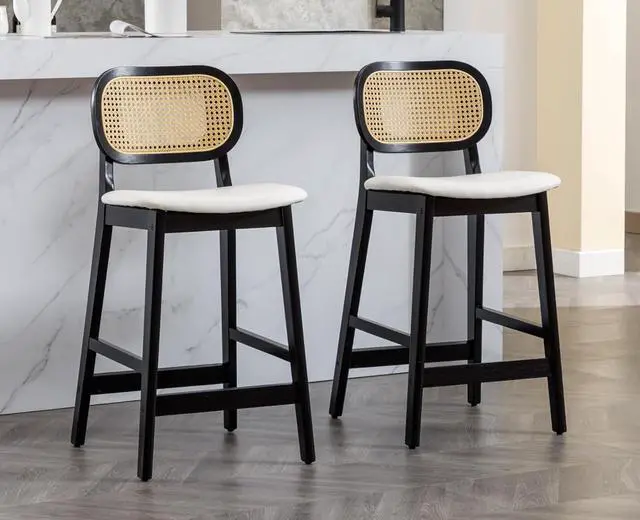 Main image of Rattan Counter Height Bar Stools Set of 2 with Cane Back Wood Farmhouse Barstools Faux Leather Kitchen Island Chairs Boho Upholstered Bar Chairs for Pub/Home Bar, White