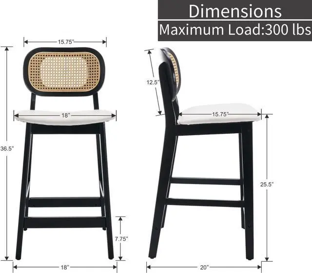 Alt view image 2 of 6 - Rattan Counter Height Bar Stools Set of 2 with Cane Back Wood Farmhouse Barstools Faux Leather Kitchen Island Chairs Boho Upholstered Bar Chairs for Pub/Home Bar, White