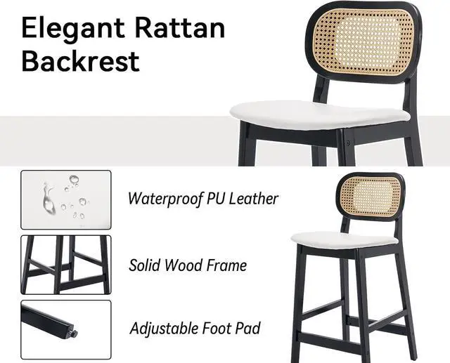 Alt view image 3 of 6 - Rattan Counter Height Bar Stools Set of 2 with Cane Back Wood Farmhouse Barstools Faux Leather Kitchen Island Chairs Boho Upholstered Bar Chairs for Pub/Home Bar, White