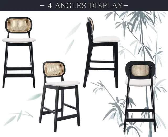 Alt view image 4 of 6 - Rattan Counter Height Bar Stools Set of 2 with Cane Back Wood Farmhouse Barstools Faux Leather Kitchen Island Chairs Boho Upholstered Bar Chairs for Pub/Home Bar, White