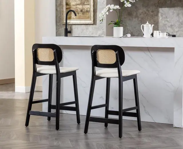 Alt view image 6 of 6 - Rattan Counter Height Bar Stools Set of 2 with Cane Back Wood Farmhouse Barstools Faux Leather Kitchen Island Chairs Boho Upholstered Bar Chairs for Pub/Home Bar, White