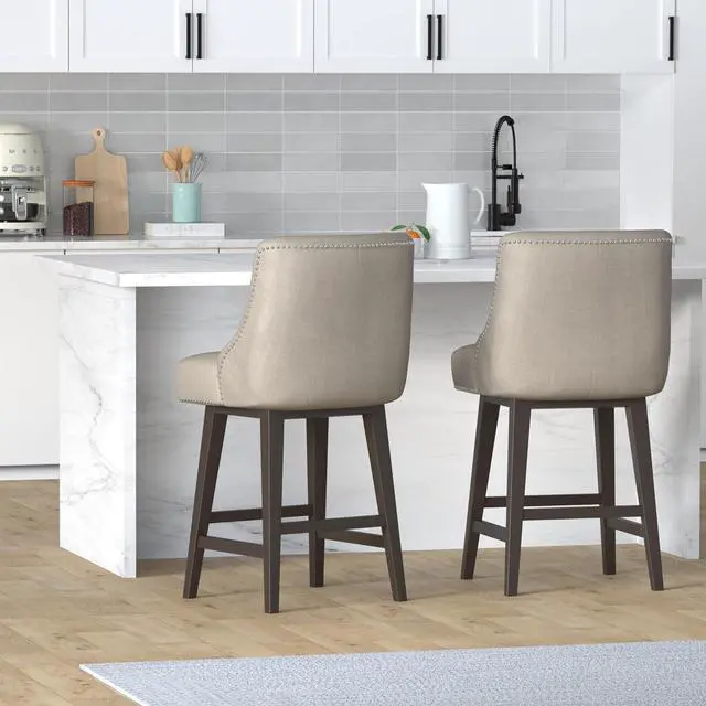 Alt view image 2 of 7 - CHITA Counter Height Swivel Bar Stools Set of 2, FSC Certified Upholstered Counter Stools, Modern Swivel Barstools with Wood Legs for Kitchen Island, 26" Seat Height, Fabric in Tan