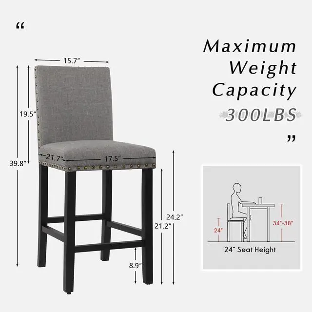 Alt view image 2 of 7 - DAGONHIL 24 inch Bar Stools Set of 4, Counter Height Bar Stools with Backs, Nail Head Barstools with Wood Legs, Upholstered Kitchen Island Chairs, Gray