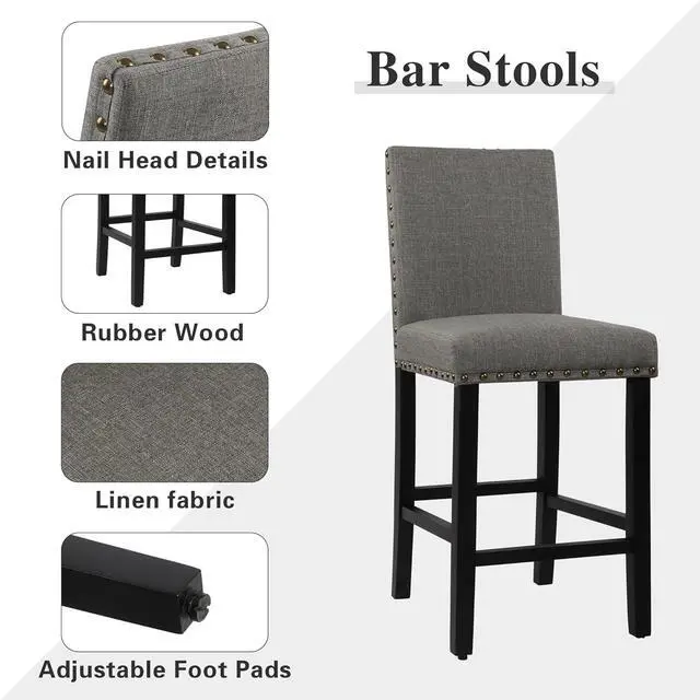 Alt view image 5 of 7 - DAGONHIL 24 inch Bar Stools Set of 4, Counter Height Bar Stools with Backs, Nail Head Barstools with Wood Legs, Upholstered Kitchen Island Chairs, Gray