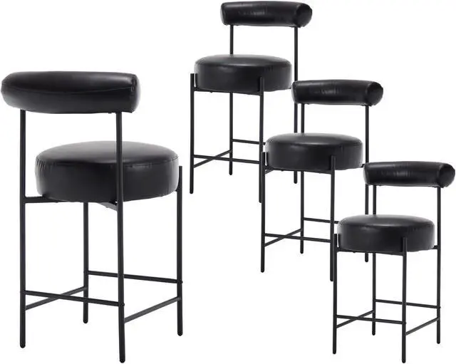 Main image of EALSON Leather Counter Height Bar Stools Set of 4 Modern Upholstered Barstools with Curved Open Back/Round Seat Comfortable Bar Chairs for Kitchen Island, 26 Inch Black