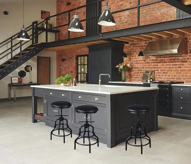 Alt view image 2 of 7 - Diwhy Industrial Vintage Bar Stool,Kitchen Counter Height Adjustable Pipe Stool,Cast Iron Stool,Swivel Bar Stool,Metal Stool,27 Inch,Fully Welded Set of 2 (Black PU Leather Top)