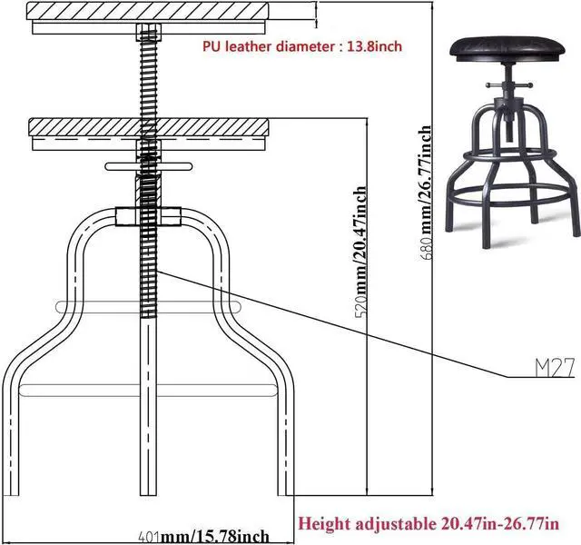 Alt view image 3 of 7 - Diwhy Industrial Vintage Bar Stool,Kitchen Counter Height Adjustable Pipe Stool,Cast Iron Stool,Swivel Bar Stool,Metal Stool,27 Inch,Fully Welded Set of 2 (Black PU Leather Top)