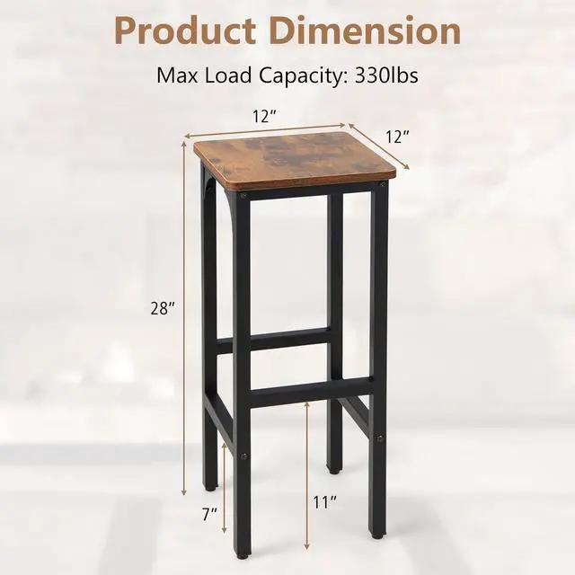 Alt view image 3 of 7 - COSTWAY Industrial Bar Stools Set of 2, 28-inch Counter Height Bar Chairs with Footrest, Adjustable Feet, Metal Frame, Backless Counter Height Barstools for Kitchen Island Dining Room, Rustic Brown