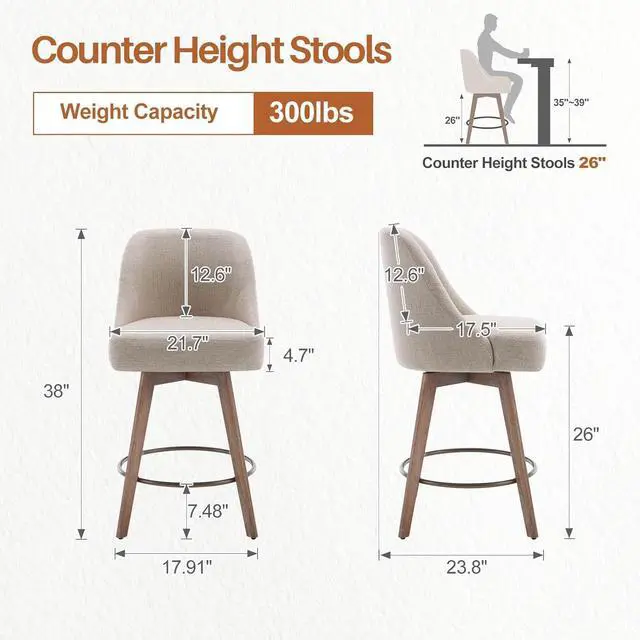 Alt view image 2 of 7 - Counter Height Bar Stools Set of 3, Modern Mid-Century Swivel Barstools with Backs and Wood Legs, Linen Fabric Upholstered Bar Chairs, 26" Seat Height Counter Stools for Kitchen Island, Sand