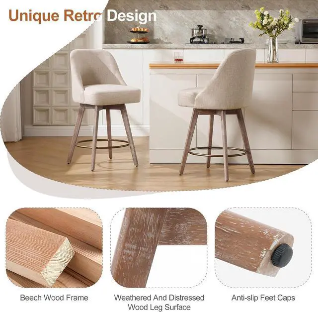 Alt view image 3 of 7 - Counter Height Bar Stools Set of 3, Modern Mid-Century Swivel Barstools with Backs and Wood Legs, Linen Fabric Upholstered Bar Chairs, 26" Seat Height Counter Stools for Kitchen Island, Sand
