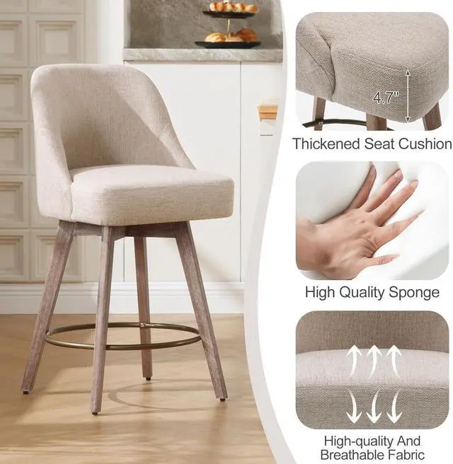 Alt view image 4 of 7 - Counter Height Bar Stools Set of 3, Modern Mid-Century Swivel Barstools with Backs and Wood Legs, Linen Fabric Upholstered Bar Chairs, 26" Seat Height Counter Stools for Kitchen Island, Sand