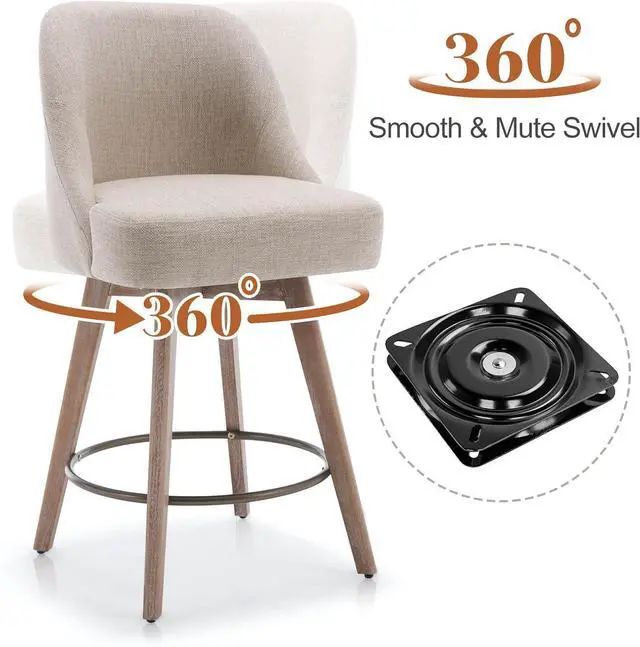 Alt view image 5 of 7 - Counter Height Bar Stools Set of 3, Modern Mid-Century Swivel Barstools with Backs and Wood Legs, Linen Fabric Upholstered Bar Chairs, 26" Seat Height Counter Stools for Kitchen Island, Sand